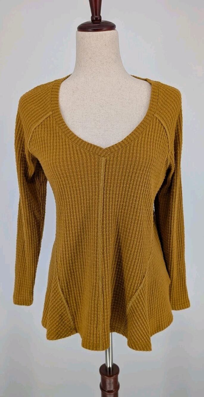 Maeve Anthropologie Waffle Knit Swing Top Small Mustard Long Sleeve Boho